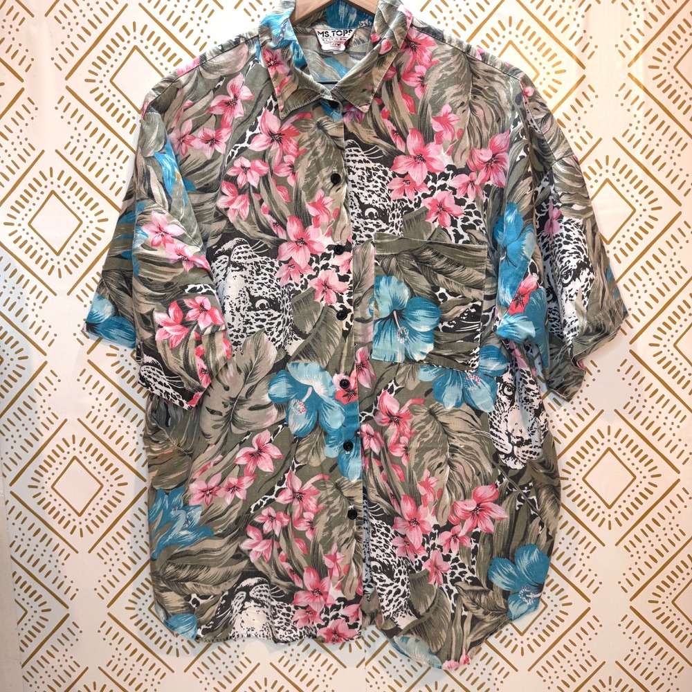 Vintage‎ Button Up Size 22W Tropical Leopard Floral Short Sleeve Shirt Summer